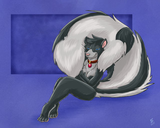 alternate_species anthro bedroom_eyes black_body black_fur blue_eyes breasts cleavage clothed clothing collar corset_only female fluffy fluffy_tail fur narrowed_eyes pink_nose seductive solo tail flinters cathy_oaks mammal mephitid skunk 2025 5:4 hi_res