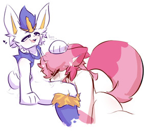 anthro blue_body blue_fur bodily_fluids cum cum_in_mouth cum_inside dipstick_tail duo fellatio female fur genital_fluids gloves_(marking) hair hand_on_partner's_head heart_symbol hearts_around_head leg_markings looking_pleasured male male/female markings nude nude_anthro nude_female nude_male open_mouth oral penile pink_body pink_ears pink_fur pink_hair pink_tongue sex socks_(marking) spread_legs spreading tail tail_markings text tongue white_body white_fur white_inner_ear yellow_inner_ear sugarydoodles nintendo pokemon fan_character cinderace generation_8_pokemon lagomorph mammal pokemon_(species) 2026 digital_drawing_(artwork) digital_media_(artwork) english_description translated female_(lore)