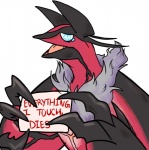 ambiguous_gender black_body black_skin blue_eyes bodily_fluids claws conversational_sign crying feral holding_object holding_sign horn humor open_mouth placard red_body red_skin sign simple_background solo tears text tongue white_background wings spooksy dogshaming nintendo pokemon generation_6_pokemon legendary_pokemon pokemon_(species) yveltal 2014 english_text lol_comments meme