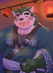 anthro asian_clothing belly big_belly blush clothing east_asian_clothing green_body humanoid_hands japanese_clothing kemono male one_eye_closed overweight overweight_male solo wink amidasuke lifewonders live_a_hero mokdai canid canine canis domestic_dog mammal 2023 hi_res