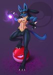 abstract_background ambiguous_gender anthro areola breasts claws duo fangs female feral generation_1_pokemon generation_4_pokemon genitals hi_res jittermodo lucario navel nintendo nipples open_mouth pokemon pokemon_(species) purple_background pussy red_eyes simple_background sphere_creature standing teeth voltorb