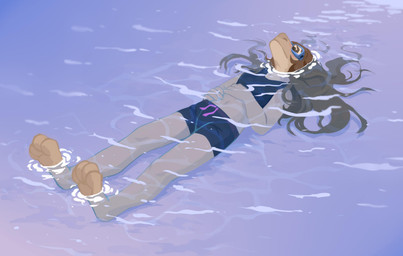 anthro barefoot black_bottomwear black_clothing black_pants black_topwear bottomwear brown_hair clothed clothing eyes_closed eyewear feet female goggles hair lying on_back outside pants partially_submerged solo tan_body three-quarter_view topwear unsigned water corzh77 species_request full-length_portrait hi_res portrait