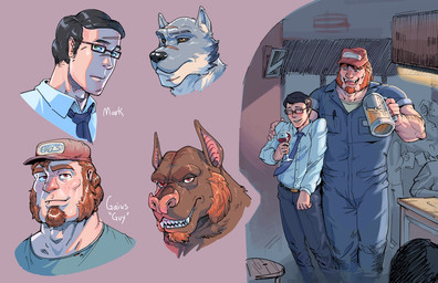 black_hair black_nose brown_body brown_fur clothing duo eyewear facial_scar fur glasses hair hat headgear headwear human_focus pink_nose red_eyes scar size_difference berububs mythology canid canine human mammal mythological_canine mythological_creature vampire werecanid werecanine werecreature werewolf colored signature