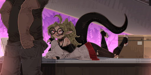 big_tail black_body black_scales bottomwear box brown_body brown_skin choker clothing container duo eyewear female footwear furniture gesture glasses green_hair hair humanoid_pointy_ears jacket jewelry larger_male legwear looking_at_another lying male male/female muscular necklace on_front pale-skinned_female pink_eyes pointy_ears ponytail sandals scales shoes size_difference slim small_waist smaller_female stockings suggestive suggestive_gesture suggestive_pose table tail topwear torn_bottomwear torn_clothing shuuko pmc_promiscuity kyva animal_humanoid human humanoid mammal reptile reptile_humanoid scalie scalie_humanoid snake snake_humanoid absurd_res hi_res