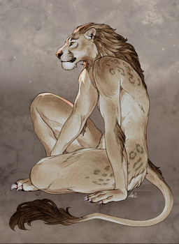 ambiguous_gender anthro arm_tuft claws elbow_tuft finger_claws fur mane nude nude_anthro side_view simple_background sitting solo spots tail tail_tuft tan_body tan_fur textured_background toe_claws tuft whisker_spots whiskers yellow_eyes ama_dench_art felid lion mammal pantherine 2026 absurd_res digital_media_(artwork) hi_res signature nonbinary_(lore)