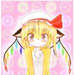 alternate_species anthro blonde_hair blue_eyes blush bonnet chest_tuft clothing female flat_chested fur furrification hair hat headgear headwear kemono loli mobcap short_hair solo tuft white_body white_fur wings yellow_body yellow_fur young young_anthro mcsadat touhou flandre_scarlet canid canine fox mammal