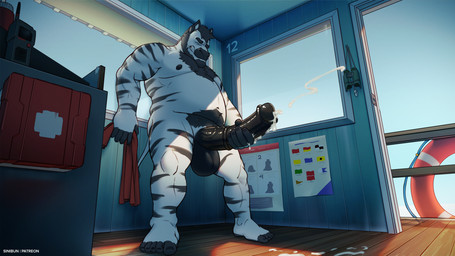 animal_genitalia animal_penis anthro balls beard belly big_penis black_body black_fur black_hair black_penis bodily_fluids body_hair chest_hair cum cum_on_ground cumshot detailed_background ejaculation equine_genitalia equine_penis erection eyes_closed facial_hair fur genital_fluids genitals hair lifeguard male male_anthro masturbation medial_ring musclegut muscular muscular_anthro muscular_male nipples nude nude_anthro nude_male overweight overweight_anthro overweight_male penis solo standing striped_body striped_fur stripes vein veiny_penis white_body white_fur sinibun_95 gray_(averagezebraboy) equid equine mammal zebra 2022 hi_res