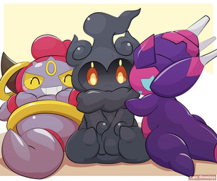 ambiguous_gender featureless_feet featureless_hands feet group mitten_hands not_furry sitting type nintendo pokemon alien generation_6_pokemon generation_7_pokemon genie ghost hoopa hoopa_(confined) humanoid legendary_pokemon marshadow poipole pokemon_(species) spirit ultra_beast 2018 hi_res
