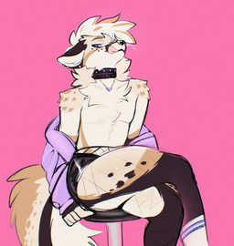 anthro bangs black_body black_fur cheek_tuft chest_tuft clothed clothing collar crossdressing crossdressing_male crossed_legs ear_piercing facial_tuft fishnet_clothing fishnet_legwear freckled_face freckles fur half-closed_eyes jacket jewelry legwear licking licking_lips looking_at_viewer male markings narrowed_eyes necklace off_shoulder piercing pink_background purple_clothing purple_eyes purple_jacket purple_topwear simple_background sitting smile smiling_at_viewer smug solo spot_freckles spots spotted_body spotted_face spotted_fur spotted_legs spotted_shoulders spotted_thighs tan_body tan_fur tongue tongue_out topwear tuft whiskers yellow_body yellow_fur anutka canid canine fox mammal 2025 colored_sketch digital_drawing_(artwork) digital_media_(artwork) hi_res sketch