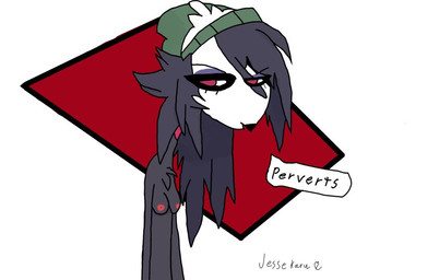 anthro beak beanie black_body breasts clothing eyeshadow female grumpy hair hat headgear headwear long_hair makeup nipples non-mammal_breasts simple_background small_breasts solo white_face jessekaru hellaverse helluva_boss octavia_(helluva_boss) avian bird demon owl