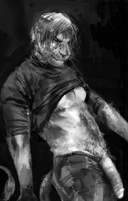 anthro arm_hair beard belly_hair body_hair bottomwear chest_hair clothed clothing eye_bags facial_hair fur genitals hair half-erect looking_at_viewer male mature_male musclegut muscular open_bottomwear open_clothing open_pants pants penis pubes shirt smile smiling_at_viewer smirk smirking_at_viewer solo stubble topwear undressing undressing_self whiskers nekothesaber capcom resident_evil leon_kennedy felid lion mammal pantherine absurd_res greyscale hi_res monochrome sketch