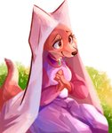 anthro black_nose clasped_hands clothed clothing eyelashes female fully_clothed fur hands_together headdress light smile solo wimple conditional_dnp tohupo disney robin_hood_(disney) maid_marian canid canine fox mammal red_fox true_fox 2021 hi_res lighting shaded