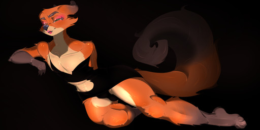 anthro belly black_background black_clothing black_dress black_nose brown_body brown_fur canine_nose clothing dress femboy fur green_eyes lips makeup male muscular orange_body orange_fur pink_lips pose simple_background smile white_body white_fur flup_nyan disney zootopia nick_wilde canid canine fox mammal absurd_res hi_res pinup tagme