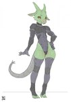 armor exposed exposed_hips female furgonomics horn looking_at_viewer simple_background skinny solo tail_armor yellow_sclera reptilian_orbit ruste_(w4g4) kobold scalie hi_res