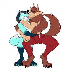 affectionate anthro bottomwear clothing digit_ring dipstick_tail duo eyebrows feet fur jewelry kissing male male/male markings nipples nude pants ring tail tail_markings tasteful_nudity toe_ring toes tongue underwear seyrmo hank_howell_(piti_yindee) kaibly_(kaibly) canid canine canis mammal maned_wolf wolf hi_res
