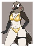 anthro bikini blush camel_toe clothed clothing female gold_bikini gold_bra gold_panties hand_on_hip leg_strap panties solo swimwear topwear two-piece_swimsuit underwear fish_birb millie_(fish_birb) avian bird oscine passerine starling_(bird) absurd_res hi_res