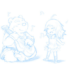anthro blush duo eyes_closed humanoid_hands kemono musical_instrument simple_background sitting slightly_chubby white_background furipon bear human mammal 1:1 2015 blue_and_white monochrome