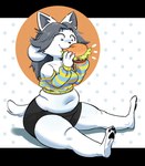 4_toes anthro barefoot belly black_pawpads bottomwear burger clothed clothed_anthro clothed_female clothing dotted_background eating eating_food eyelashes eyes_closed feet female female_anthro food fur grey_hair grey_inner_ear hair holding_burger holding_food holding_object navel pattern_background pawpads plantigrade shorts simple_background sitting slightly_chubby slightly_chubby_anthro slightly_chubby_female soles solo tail thick_thighs toes topwear white_body white_fur white_tail kitapult undertale undertale_(series) temmie_(undertale) domestic_cat felid feline felis mammal 2025 digital_drawing_(artwork) digital_media_(artwork) full-length_portrait hi_res portrait
