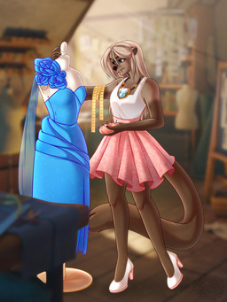 anthro biped clothed clothing crossdressing designer_clothes dress femboy grey_eyes hair long_hair long_tail male round_ears slim small_waist solo straight_hair tail chrysanthemummy domestic_ferret gulonine mammal marten mustelid musteline true_musteline weasel hi_res