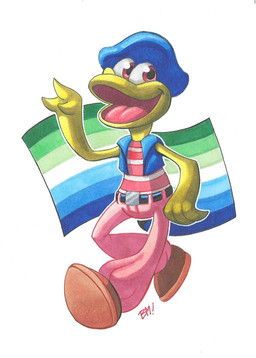 2_fingers anthro blue_clothing blue_hat blue_headwear bottomwear clothing fingers footwear hat headgear headwear lgbt_pride male open_mouth open_smile pants pattern_clothing pattern_shirt pattern_topwear pink_bottomwear pink_clothing pink_eyes pink_pants shirt shoes smile solo striped_clothing striped_shirt striped_topwear stripes tongue topwear vest wide_mouth bananameteor banjo-kazooie rareware jolly_dodger amphibian frog hi_res signature