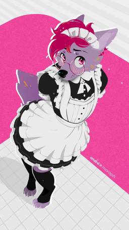 anthro blush bodily_fluids cheek_tuft claws clothed clothing dancing dress embarrassed eyebrows eyewear facial_tuft fur glowing glowing_body glowing_fur hair hands_behind_back inner_ear_fluff legwear looking_at_viewer maid_apron maid_headdress maid_uniform male pink_eyes purple_body purple_fur red_hair simple_background solo sweat sweatdrop tail thigh_highs tuft uniform andre_moraph sound_warning andre_moraph_(character) canid canine canis mammal wolf 2025 9:16 animated digital_drawing_(artwork) digital_media_(artwork) full-length_portrait hi_res high_framerate loop portrait short_playtime signature sound webm