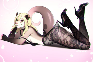 anthro black_clothing blonde_hair bra butt cheeky cheeky_smile choker clothed clothing collar facial_piercing fangs female fishnet_clothing fishnet_legwear footwear fur hair high_heels jewelry lace legwear looking_at_viewer loose_hair lying mostly_nude multicolored_body multicolored_fur naughty_face naughty_smile necklace nose_piercing nose_ring off_shoulder on_front partially_clothed piercing pose ring_piercing septum septum_piercing septum_ring shoes smile smiley_face solo tail teeth thick_tail thick_thighs thigh_highs tights unbuttoned unbuttoned_bra unbuttoned_topwear underwear wide_hips clawiope hooked_on_heel_(trend) clawiope_(clawiope) american_opossum mammal marsupial absurd_res hi_res meme pinup