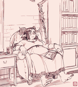 anthro armchair barefoot beaded_bracelet beaded_jewelry beads biped book_on_lap bookshelf bracelet chair clothing container cup curled_horn dress ear_piercing ear_ring eyewear feet female furniture glasses horn humanoid_face jewelry logo mug pawpads piercing ring_piercing sitting slightly_chubby solo staff tired wall_(structure) chimeracauldron joan?_(chimeracauldron) bovid caprine chimera mammal artist_logo hi_res monochrome trans_(lore) trans_woman_(lore)
