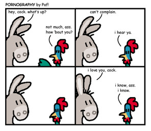 ambiguous_gender avian_caruncle beak comb_(anatomy) dewlap_(anatomy) dialogue duo feral fur grey_body grey_fur head_crest humor innuendo pornography pun simple_background suggestive text visual_pun wattle white_background paf_(artist) asinus avian bird chicken donkey equid equine galliform mammal phasianid comic english_text low_res