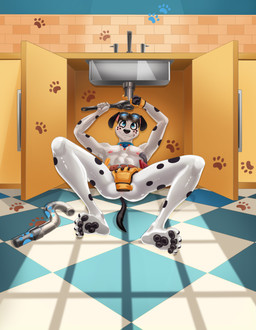 abs aged_up anthro anthrofied anus areola athletic athletic_male blush casual_nudity clenched_teeth clothing collar convenient_censorship feet fingers fur gloves gloves_only handwear handwear_only holding_object holding_tool lying male mostly_nude nipples on_back pawpads plumbing plumbing_pipe sink solo spread_legs spreading tail teeth toes tools dal101strefan 101_dalmatian_street 101_dalmatians disney dawkins_(101_dalmatians) canid canine canis dalmatian domestic_dog mammal digital_media_(artwork) hi_res