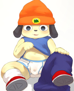 5_fingers anthro beanie bent_legs blue_bottomwear blue_clothing blue_jeans blue_pants blue_topwear blush bottomwear clothing denim denim_bottomwear denim_clothing fingers footwear happy hat headgear headwear jeans looking_at_viewer male navel open_mouth orange_beanie orange_clothing orange_hat orange_headwear pants red_clothing red_footwear sitting socks solo spread_legs spreading topwear underwear undressing_self white_clothing white_underwear young young_anthro young_male listkun_yes parappa_the_rapper sony_corporation sony_interactive_entertainment parappa canid canine canis domestic_dog mammal 2024 hi_res japanese_description