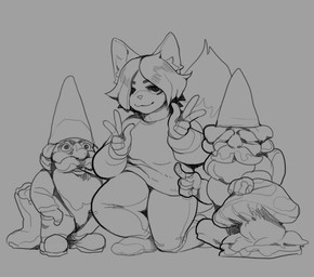 anthro bottomwear clothing denim denim_bottomwear denim_clothing female footwear fungus garden_gnome gesture group hair hand_gesture hat headgear headwear jeans male mushroom pants pipe shoes trio v_sign triuni rumi_(triuni) canid canine fox humanoid mammal 2017 monochrome sketch