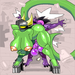 animal_genitalia anthro armor balls balls_blush big_balls big_breasts blush bodily_fluids body_blush breasts butt butt_crush butt_slam butt_slap butt_smother clothed clothing cracked_wall cracks cum cum_drip dominant dominant_female dripping duo erection face_in_ass face_squish facesitting female female_facesitting_male footwear frill_(anatomy) genital_fluids genitals green_body headgear helmet high_heels horn horned_helmet larger_female leaning_over male male/female membrane_(anatomy) membranous_frill nipples non-mammal_balls non-mammal_nipples partially_clothed penis pink_eyes purple_body sheath shoes shortstack shortstack_male sitting sitting_on_another size_difference slap smaller_male smothering squish tail thick_thighs tongue unconvincing_armor unimpressed wide_hips yellow_eyes insaniousjaydonius plum_(plumbold) scaliebutt_(insaniousjaydonius) kobold lizard reptile scalie 1:1 2025 digital_media_(artwork) hi_res