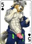 2017 abs animal_genitalia animal_penis anthro biceps border_collie canid canine canine_genitalia canine_penis canis card card_template clothed clothing collie copyright_symbol digital_media_(artwork) domestic_dog english_text erection five_of_spades fonyaa fur genitals herding_dog knot male mammal mechanic muscular muscular_anthro muscular_male pastoral_dog pecs penis playing_card playing_card_template pubes sheepdog simple_background smile solo spades_(suit) standing suit_symbol symbol text topless undressing white_background