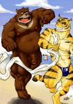 abs angry anthro asian_clothing assisted_exposure athletic balls beach biceps black_stripes blue_eyes blush brown_body brown_fur bulge chest_tuft clothed clothing cloud detailed_background duo east_asian_clothing eyebrows fangs flaccid foreskin fundoshi fur genitals grin humanoid_genitalia humanoid_penis japanese_clothing male markings musclegut muscular muscular_male nipples nude one_eye_closed open_mouth outside pecs penis pose presenting running sand seaside sky slightly_chubby smile speedo standing stripes sunny swimwear teeth thick_eyebrows thick_penis tongue topless towel tuft underwear vein water wink yellow_body yellow_fur kyuuhari morenatsu juuichi_mikazuki shun_(morenatsu) torahiko_(morenatsu) bear black_bear canid canine canis felid mammal moon_bear pantherine tiger ursine wolf 2013 hi_res