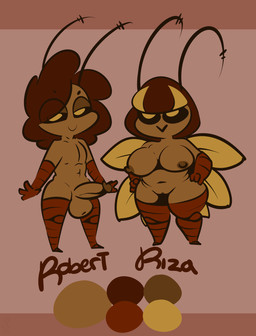 abs antennae_(anatomy) anthro balls big_balls big_breasts big_penis black_antennae black_sclera blonde_highlights breasts brown_balls brown_body brown_exoskeleton brown_glans brown_hair brown_nipples brown_penis brown_vulva clitoris duo erection exoskeleton female genitals glans hair hands_on_hips highlights_(coloring) humanoid_genitalia humanoid_penis looking_at_viewer male nipples penis red_body red_exoskeleton smile standing text thick_thighs vulva wings yellow_wings thefablednekos riza_(thefablednekos) robert_(1upgobbo) arthropod blattodean cockroach insect 2022 character_name dated digital_media_(artwork) hi_res