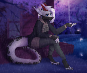 4_toes 5_fingers anthro big_tail blue_eyes clothing detailed_background feet female fingers hair horn nature raining red_horn smile solo street tail toes white_body white_hair art_by_cherep chimera digital_media_(artwork)