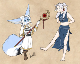 anthro big_ears big_tail blue_body blue_eyes blue_fur boots bottomwear braided_hair breasts clothed clothing dress duo feet female footwear fur green_eyes hair magic_user open_mouth robe shawl shoes simple_background skirt smile staff tail white_body white_fur white_hair blokfort frieren_beyond_journey's_end frieren kalta_(blokfort) canid canine elf fennec_fox fox humanoid mammal true_fox