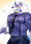 anthro blush button_(fastener) button_pop clothing dress_shirt embarrassed facial_markings fur head_markings male markings muscular muscular_anthro muscular_male necktie pecs shirt solo suspenders topwear wardrobe_malfunction white_body white_fur nokia1124_a lifewonders live_a_hero sadayoshi canid canine mammal hi_res