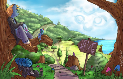 anthro anthrofied backpack bag blonde_hair blue_body blue_feathers blue_fur bottle bottomwear chewing chewing_grass cliff clothed clothing cloud container cutie_mark detailed_background feathered_wings feathers female feral flower forest fur green_eyes group hair hay hooves leaf love male multicolored_hair object_in_mouth outside pants path photo plant rainbow_hair rock shirt sign sky sleeping_bag solo_focus text topwear tree tree_stump water water_bottle wheat wings wood atryl friendship_is_magic hasbro my_little_pony mythology fan_character rainbow_dash_(mlp) supersonik arthropod avian beetle bird cucujoid equid equine inchworm insect ladybug larva mammal mythological_creature mythological_equine pegasus 2012 digital_media_(artwork) english_text