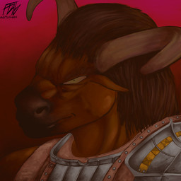 anthro armor brown_body brown_fur fur gradient_background horn leather male simple_background flabman european_mythology greek_mythology mythology bovid bovine mammal minotaur 1:1 hi_res