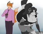 anthro big_breasts bodily_fluids breasts cleavage clothed clothing duo female fur hair leaning leaning_forward maid_uniform male male/female simple_background smile sweat thick_thighs uniform blackbetty franciene_(tango's_family) lewis_gunn canid canine fox mammal procyonid raccoon red_fox true_fox 5:4