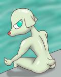 anthro biped butt fur gesture grey_body grey_fur hand_gesture looking_back male nude sitting solo thumbs_up water wet darkajugin puyo_puyo puyo_puyo_tetris sega ai_(puyo_puyo) canid canine canis domestic_dog mammal 4:5