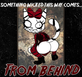 alternative_fashion anthro bow_ribbon butt clothed clothing crouching dress eyelashes eyeliner female footwear friday_the_13th_(font) goth grin legwear makeup mooning no_underwear pattern_clothing pattern_footwear pattern_legwear pattern_socks pointy_ears presenting presenting_hindquarters raised_tail rear_view sharp_teeth shoes smile socks solo striped_clothing striped_footwear striped_socks stripes tail teeth text white_body existimatio hot_topic sweetypuss domestic_cat felid feline felis mammal 2025 digital_drawing_(artwork) digital_media_(artwork) english_text
