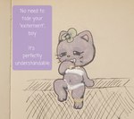 anthro chibi clothing female narrowed_eyes sitting solo speech_bubble swimwear text 4chan_anon frido_(hello_kitty) english_text hi_res traditional_media_(artwork)