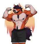 abs anthro biceps bottomwear clothed clothing facial_hair fur hair hair_over_eyes male muscular muscular_anthro muscular_male nipples pecs pose shorts shorts_only sideburns smile solo tail topless valthelewdtino equid equine horse mammal hi_res