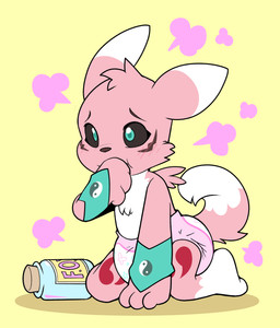 after_transformation age_regression ambiguous_gender anthro armwear blush blush_lines brown_nose brown_sclera clean_diaper clothed clothing cloud_emanata container diaper dipstick_ears dipstick_tail double_tomoe ear_markings emanata facial_markings fur glass glass_bottle glass_container head_markings kneeling leg_markings liquid markings multicolored_ears neonate pink_body pink_fur pink_tail potion simple_background socks_(marking) solo sucking tail tail_markings thumb_suck tomoe_(symbol) wearing_diaper white_ear_tips white_tail_tip yellow_background yin_yang young young_ambiguous young_anthro bubblepuppers bandai_namco digimon renashay canid digimon_(species) mammal renamon absurd_res full-length_portrait hi_res portrait female_(lore)