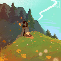 anthro biped brown_body brown_fur dandelion day dipstick_ears ear_markings flower forest fur fur_markings grass markings multicolored_ears outside plant solo tail tan_body tan_fur tree white_body white_ear_tips white_ears white_fur white_inner_ear white_tail nowheremotel taliesin_(laurelings) canid canine mammal 1:1 2022 hi_res