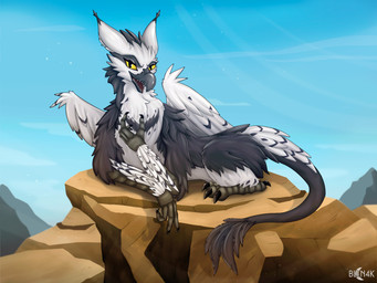 beak claws detailed_background feathers female feral fur grey_body lying mountain multicolored_body open_beak open_mouth paws rock smile solo tail teeth two_tone_body white_body wings yellow_eyes blen4k mythology avian gryphon mythological_avian mythological_creature absurd_res hi_res