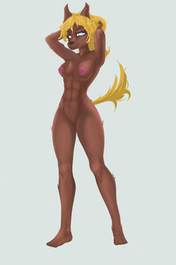 abs anthro areola arms_bent barefoot biped black_eyebrows black_nose blonde_hair blue_eyes breasts brown_body brown_fur closed_smile eyebrow_through_hair eyebrows eyelashes featureless_crotch feet female female_anthro fluffy fluffy_tail fur grey_background hair hand_in_hair light long_hair looking_at_viewer medium_breasts mouth_closed muscular muscular_anthro muscular_female navel nipples no_pupils nude nude_anthro nude_female pink_areola pink_nipples plantigrade pose simple_background smile smiling_at_viewer solo standing tail tasteful_nudity three-quarter_view touching_hair translucent translucent_hair yellow_tail elcastorblanco jenny_(elcastorblanco) canid canine mammal 2023 colored digital_media_(artwork) digital_painting_(artwork) english_description full-length_portrait hi_res lighting painting_(artwork) portrait shaded soft_shading