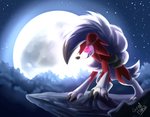 ambiguous_gender anthro black_claws claws full_moon glowing glowing_eyes hair moon night red_body sharp_teeth smile solo star supermoon teeth white_body white_hair hintomikto nintendo pokemon generation_7_pokemon lycanroc midnight_lycanroc pokemon_(species) absurd_res hi_res signature